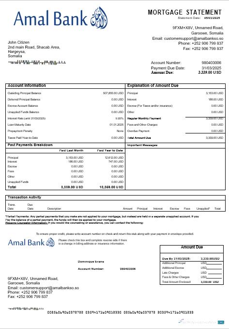 Download Somalia Amal bank mortgage statement in Word and PDF formats Photoshop template